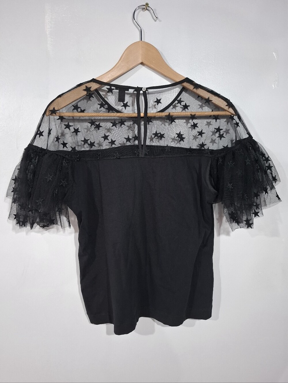 J.Crew Women's Star Mesh Yoke Ruffled Short Sleeve Black Blouse Sz M Whimsigoth - Picture 3 of 10